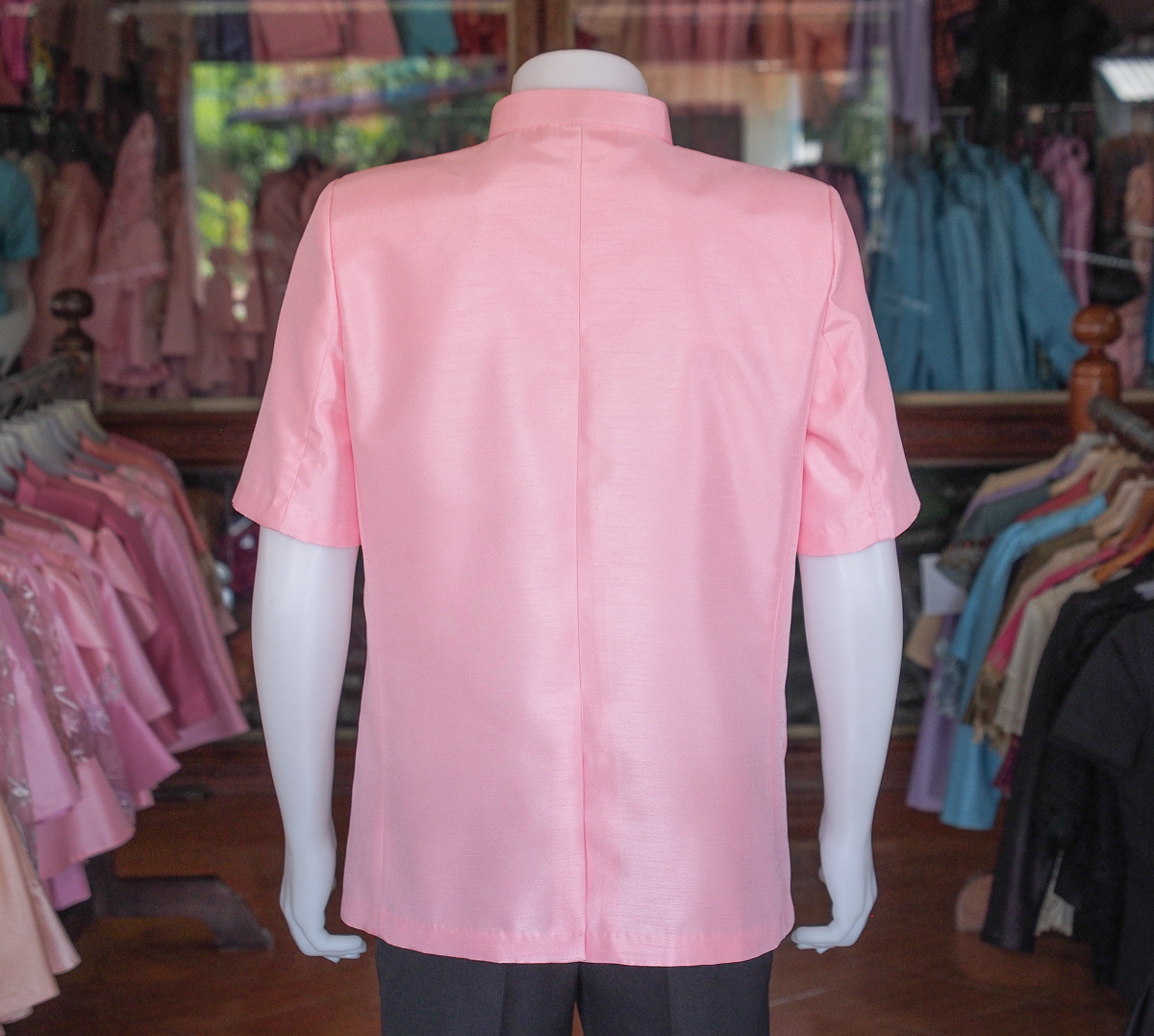 เสื้อผ้าไหมแพรทอง คอพระราชทาน สีชมพู ไซส์ S