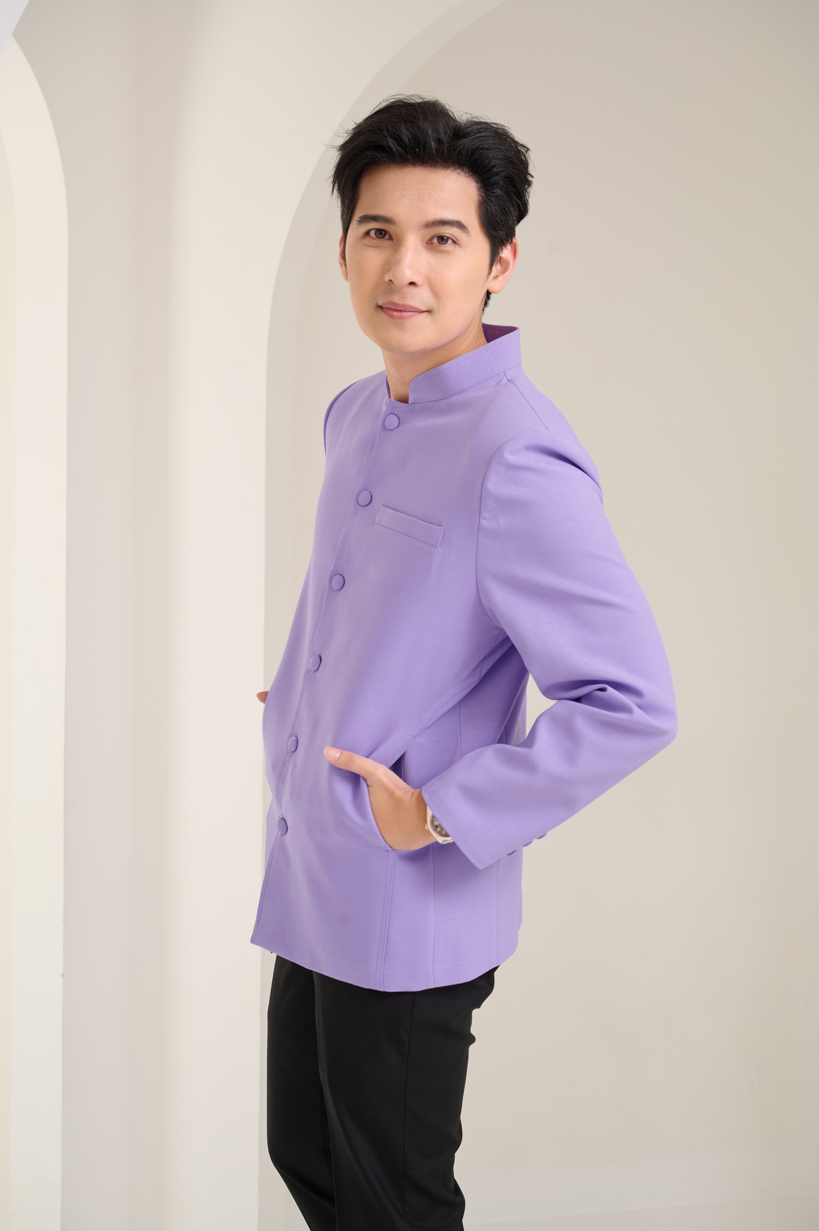 เสื้อผ้าฝ้ายแพรเงินคอพระราชทานแขนยาว สีม่วง ไซส์ 2XL