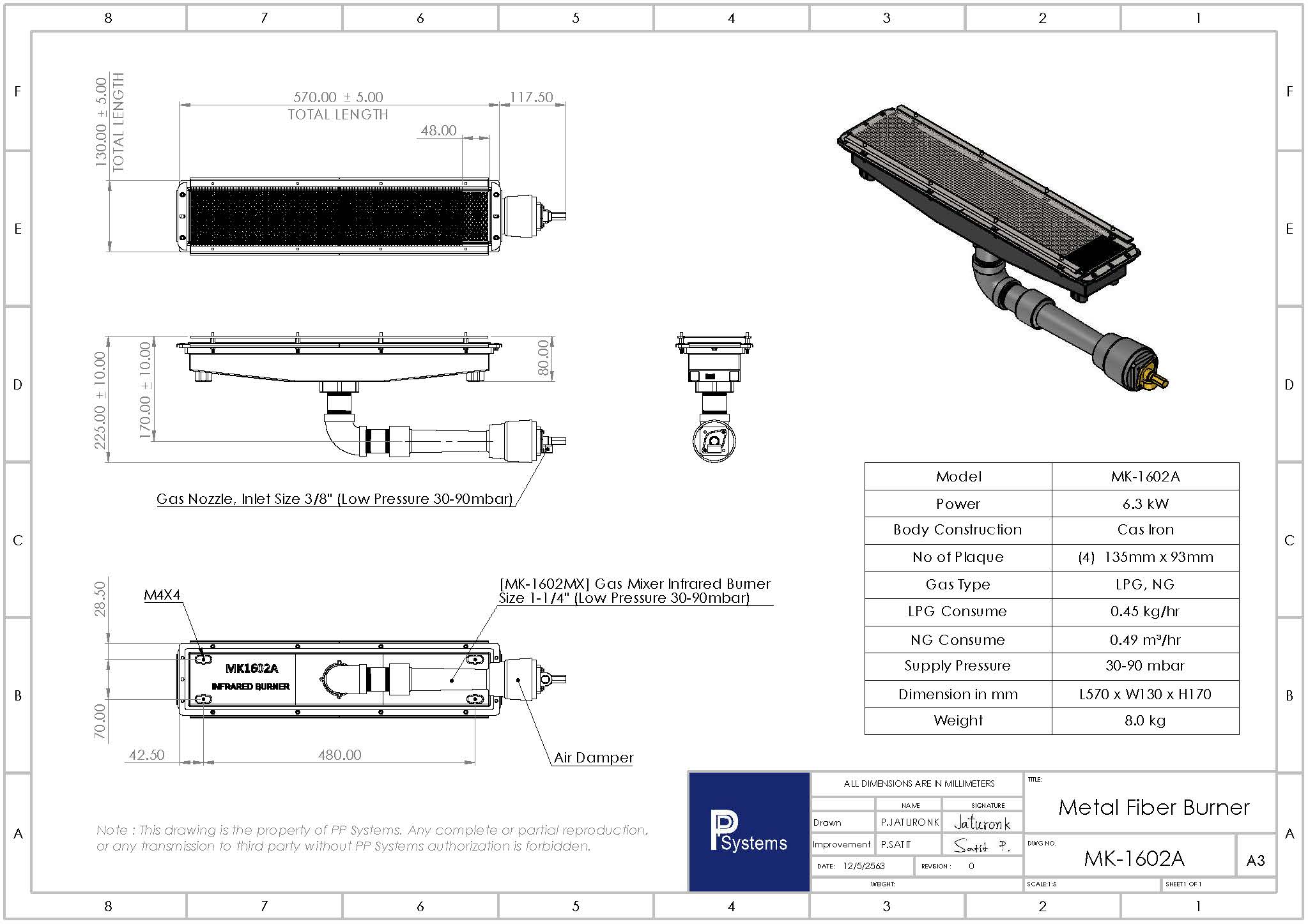 หัวเตาอินฟราเรด KOMPAC MK-1602 6.3kW ชนิดเหล็กหล่อ ขนาด 570x130x170
