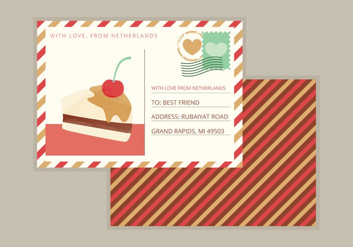 โปสการ์ด Postcard สไตล์การออกแบบดีไซน์แบบหวานๆด้วยกราฟิกรูปเค้กและตกแต่งด้วยสีแดงอย่างสวยงาม โปสการ์ด ไว้สำหรับ ส่งบทความถึงคนสำคัญ // ตัวอย่างดีไซน์ โปสการ์ด Postcard พิมพ์โปสการ์ด โปสการ์ดสวยๆ Chill Shop Package