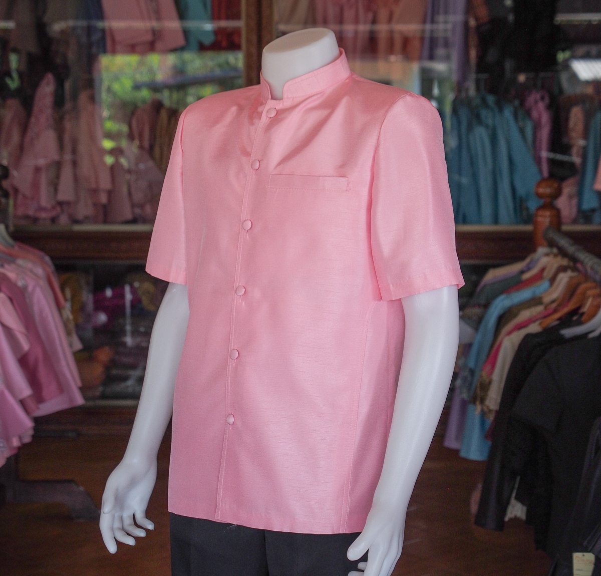 เสื้อผ้าไหมแพรทอง คอพระราชทาน สีชมพู ไซส์ S