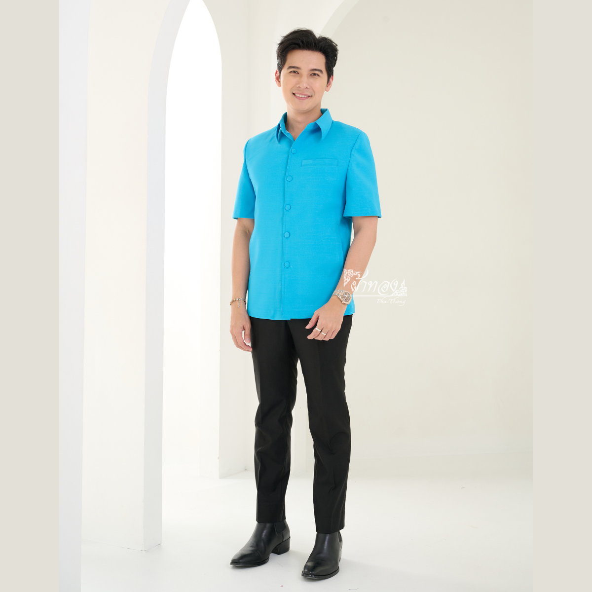 เสื้อผ้าฝ้ายแพรเงิน สีฟ้าเข้ม ไซส์ S