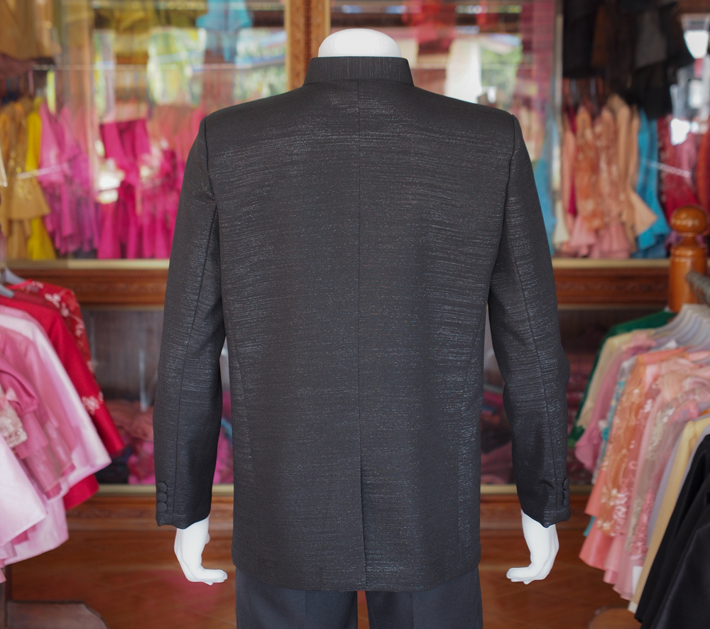 เสื้อผ้าฝ้ายแพรเงิน คอพระราชทานแขนยาว สีดำ ไซส์ 4XL