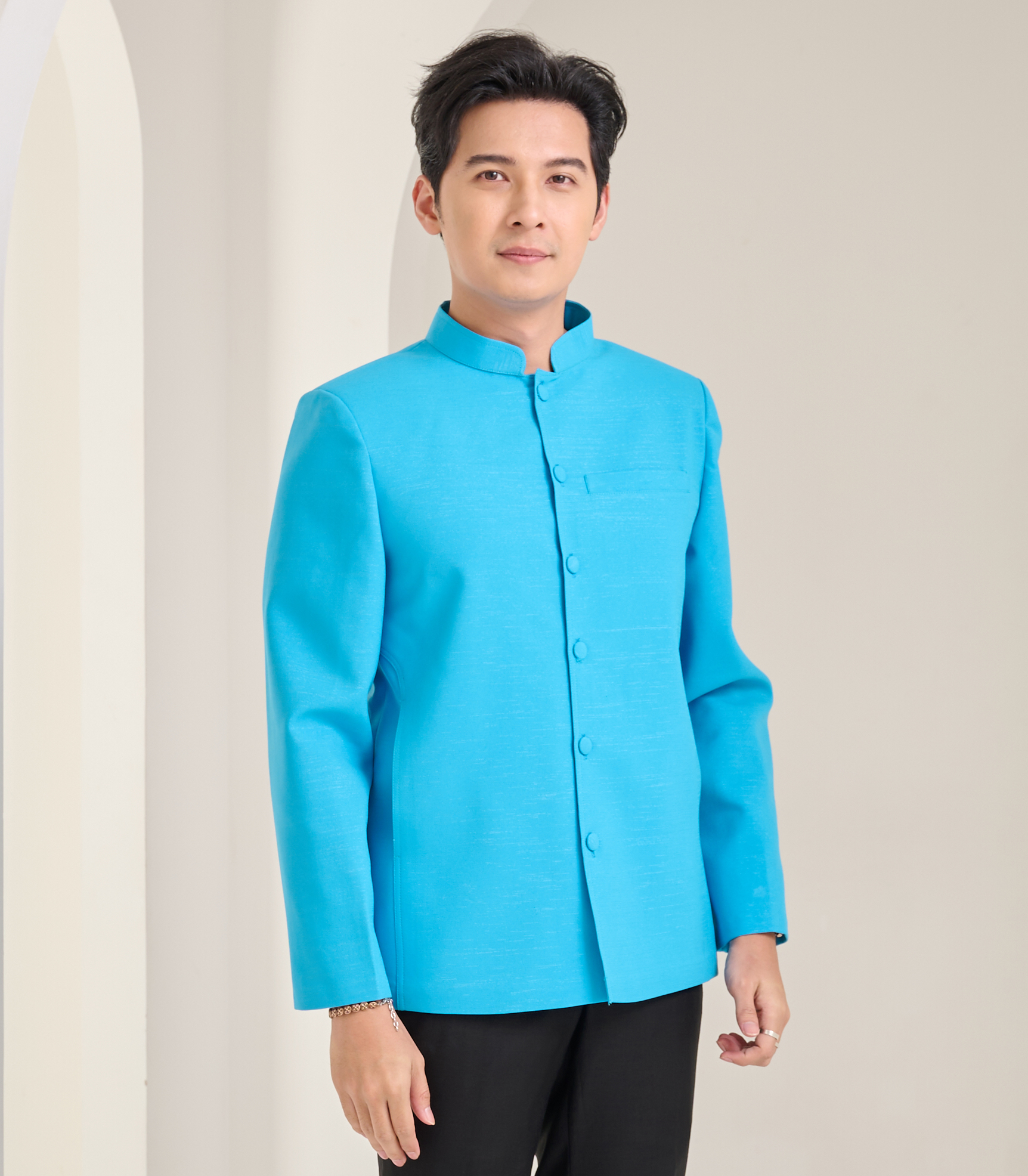 เสื้อผ้าฝ้ายแพรเงิน คอพระราชทานแขนยาว สีฟ้าเข้ม ไซส์ XL