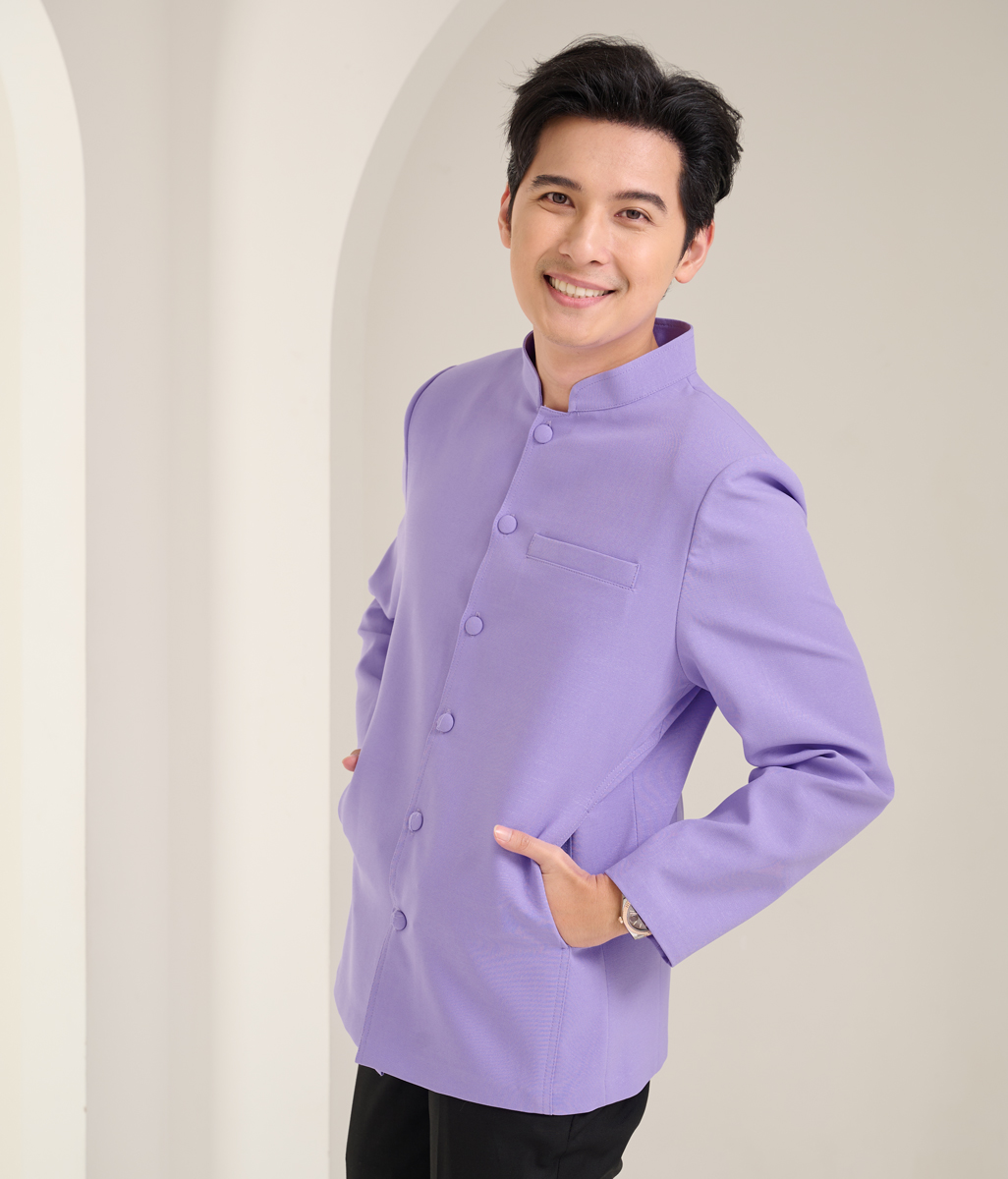เสื้อผ้าฝ้ายแพรเงินคอพระราชทานแขนยาว สีม่วง ไซส์ 3XL