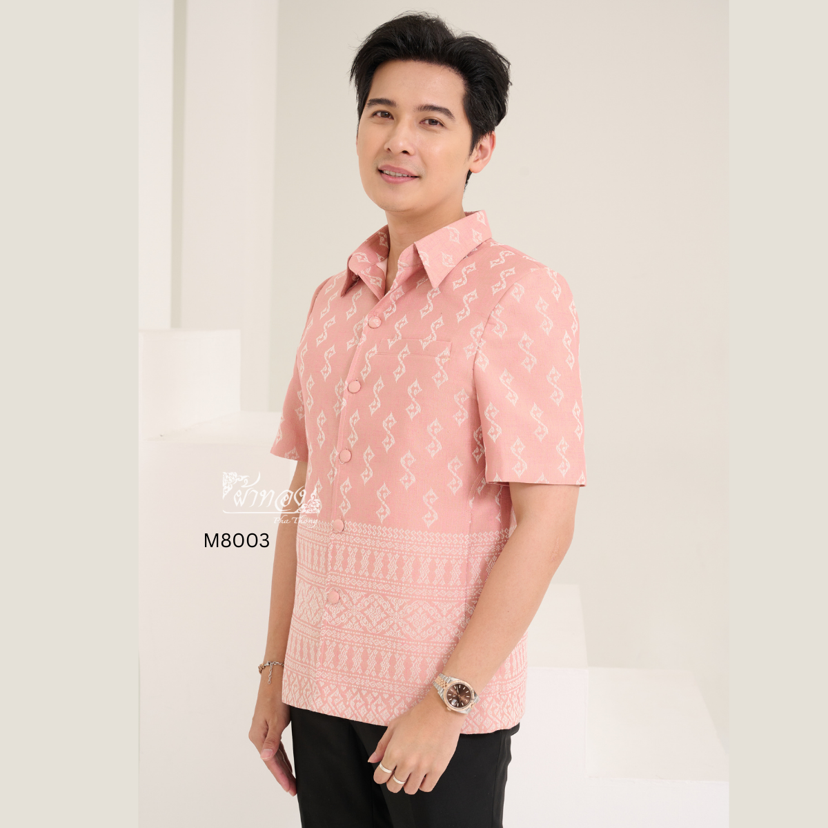 เสื้อผ้าฝ้ายลายขอ สีโอรส ไซส์ XL