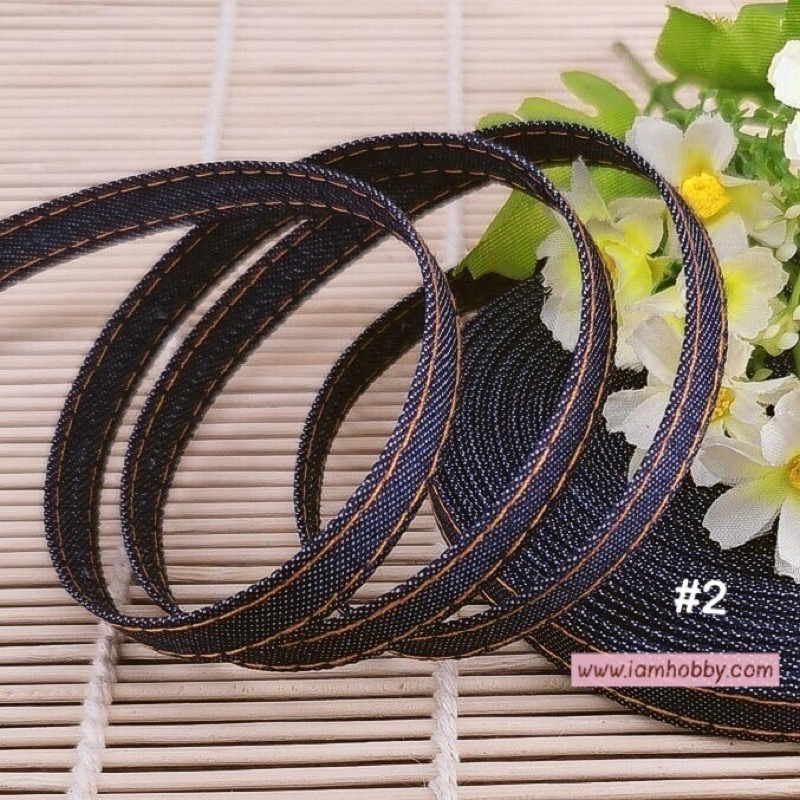 ริบบิ้นผ้า เทปผ้าสไตล์ญี่ปุ่น ขนาด 10 มิล สียีนส์เข้มเดินเส้นสีน้ำตาล (1 หลา) (เลือกแบบ)