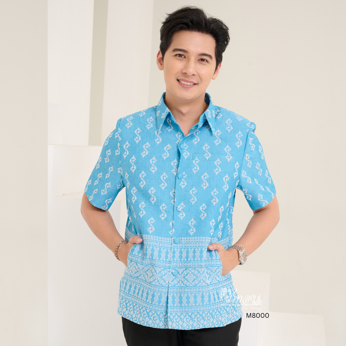 เสื้อผ้าฝ้ายลายขอ สีฟ้า ไซส์ L