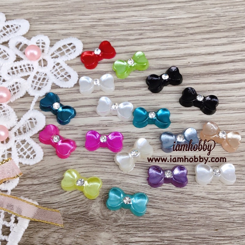 โบว์มุกคละสี ติดเพชร (เลือกSet)