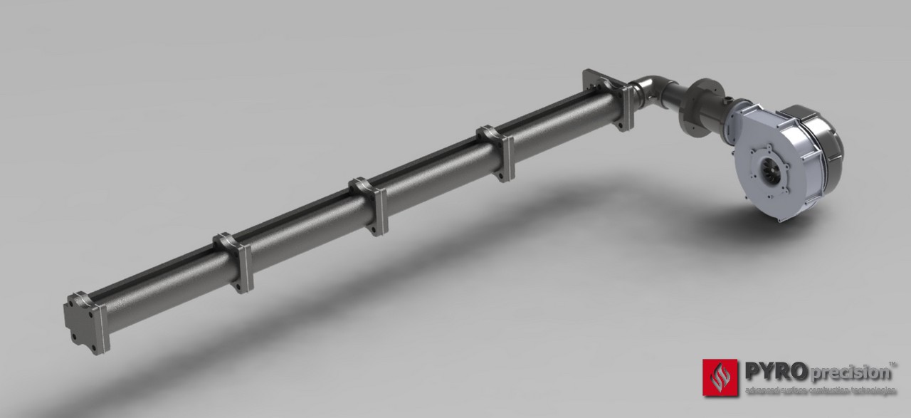 หัวเตาแก๊ส ตรงยาว LD305-PMX-4 Linear Gas Burner (Premix) ความยาวโมดูล1.2ม กำลัง 90-270 กิโลวัตต์ เครื่องอบแห้งแบบถังหมุน (Rotary Dryer)