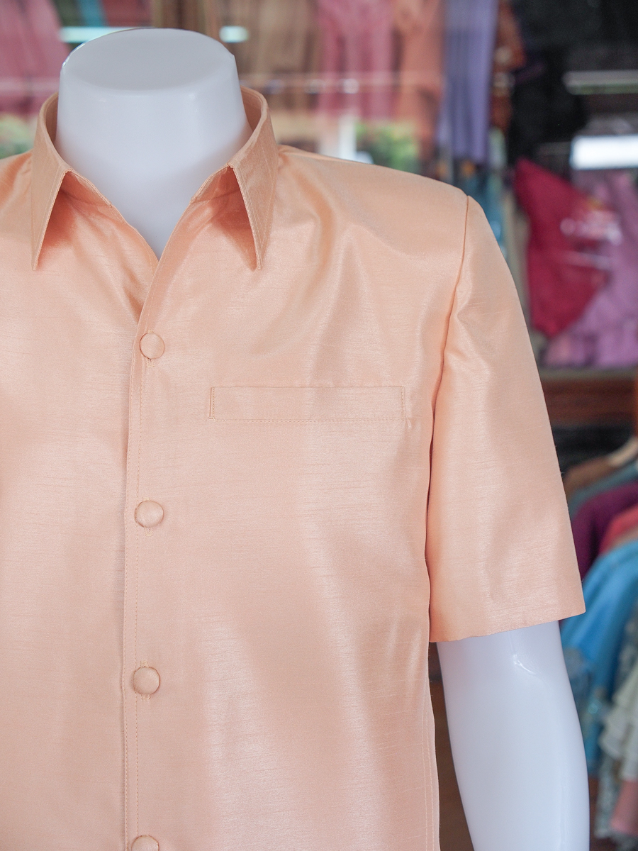 เสื้อผ้าไหมแพรทอง สีโอรสอ่อนประกายทอง ไซส์ S