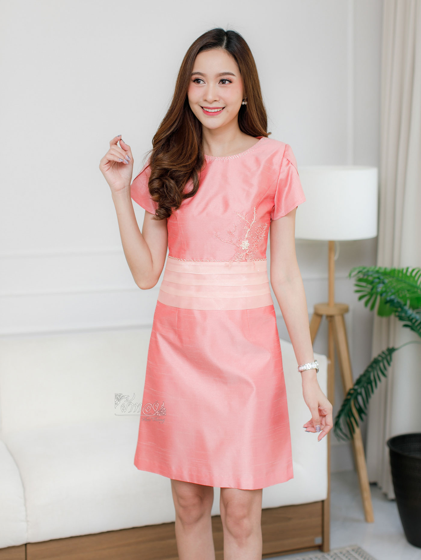 เดรสไหมแพรทอง สีโอลโรส ไซส์ 3XL