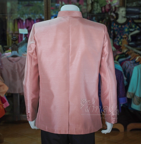 เสื้อผ้าไหมแพรทองคอพระราชทานแขนยาว สีกะปิ ไซส์ 4XL