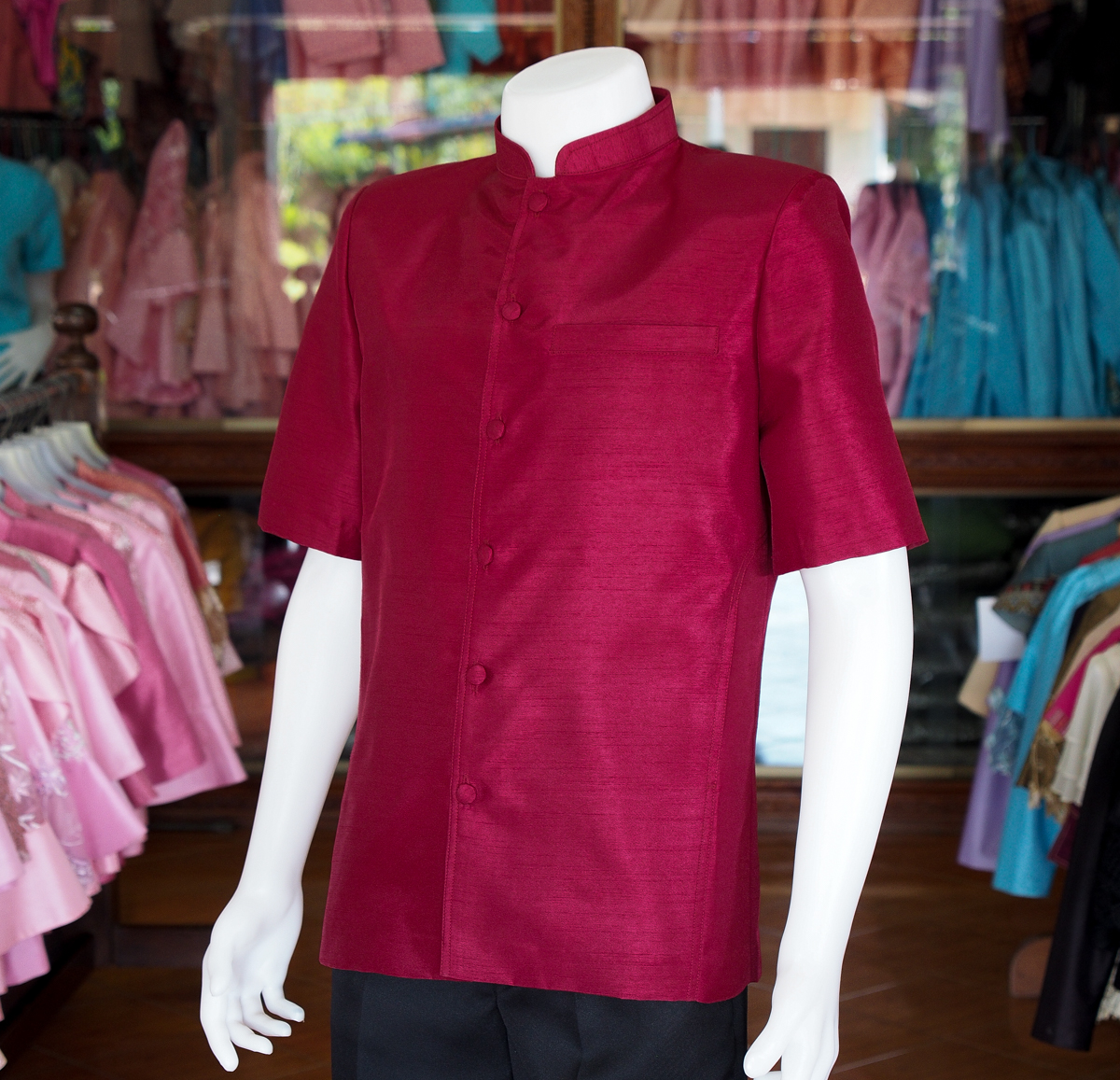 เสื้อผ้าไหมแพรทอง คอพระราชทาน สีแดงเลือดหมู ไซส์ 2XL