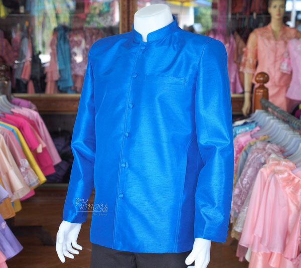 เสื้อผ้าไหมแพรทองคอพระราชทานแขนยาว สีน้ำเงิน ไซส์ 4XL