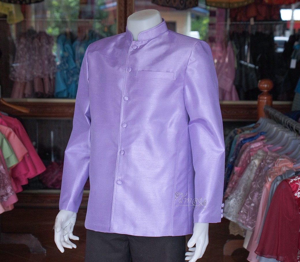 เสื้อผ้าไหมแพรทองคอพระราชทานแขนยาว สีม่วง ไซส์ XL