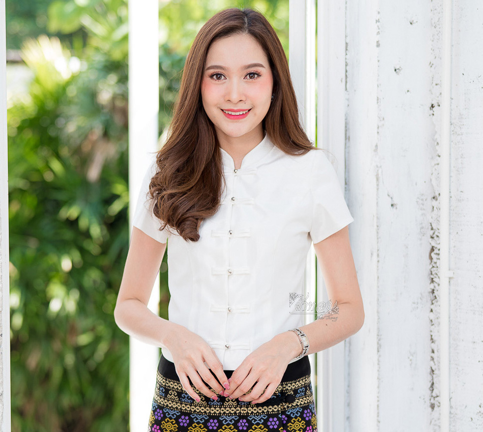 เสื้อผ้าไหมแพรทอง คอจีน สีขาว ไซส์ 3XL