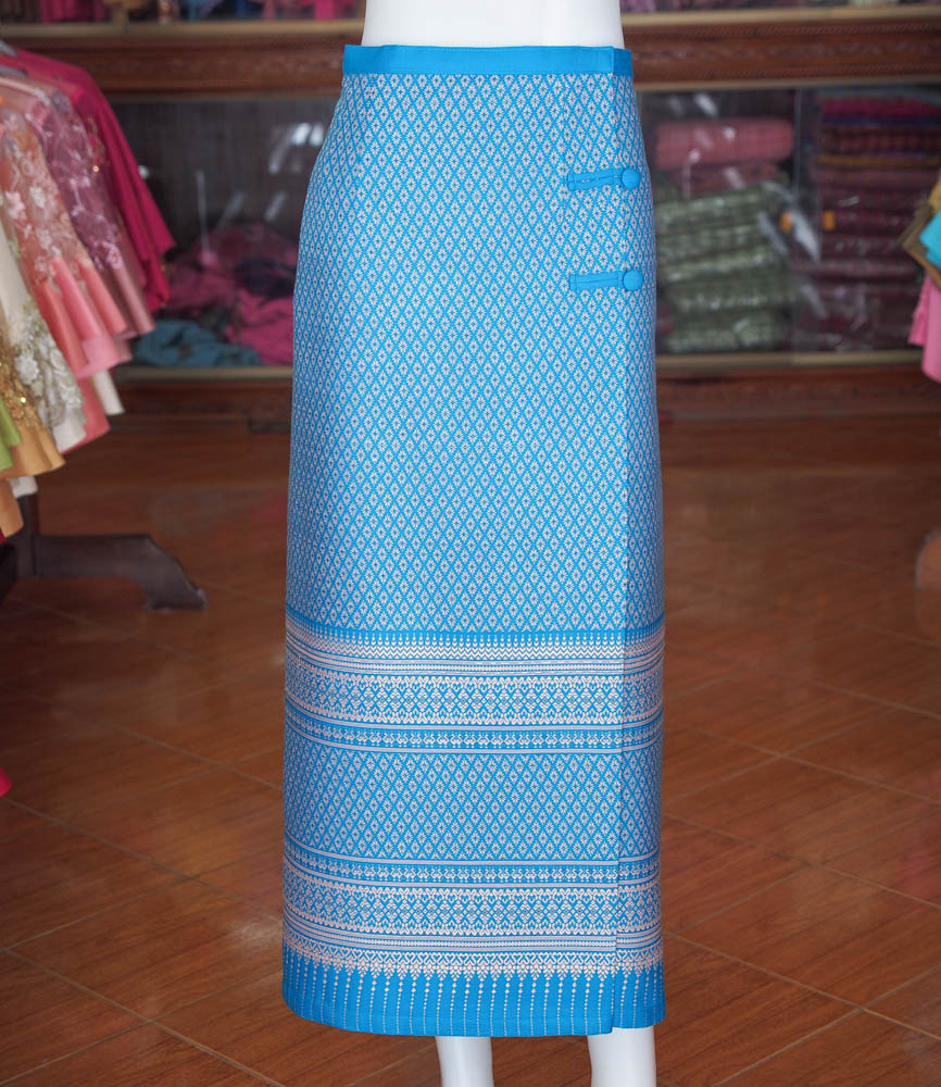 ผ้าถุงป้าย ผ้าทอลายพิกุล สีฟ้า เอว 30 นิ้ว