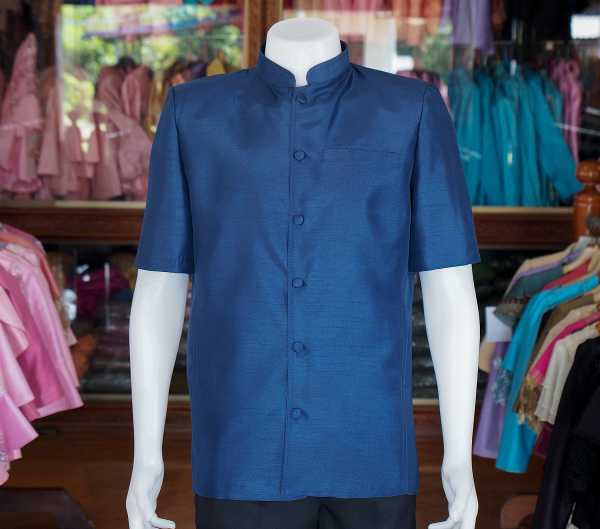 เสื้อผ้าไหมแพรทอง คอพระราชทาน สีกรมท่า ไซส์ L