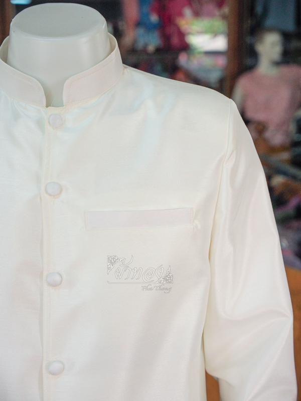 เสื้อผ้าไหมแพรทองคอพระราชทานแขนยาว สีขาวงาช้าง ไซส์ 2XL