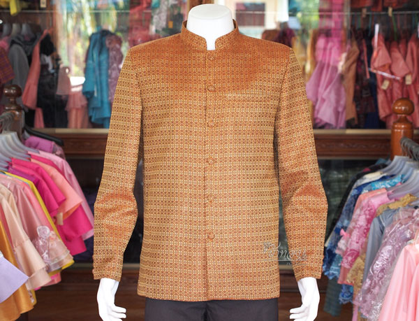 เสื้อผ้าฝ้ายลายพิกุลคอพระราชทานแขนยาว สีน้ำตาล ไซส์ 3XL