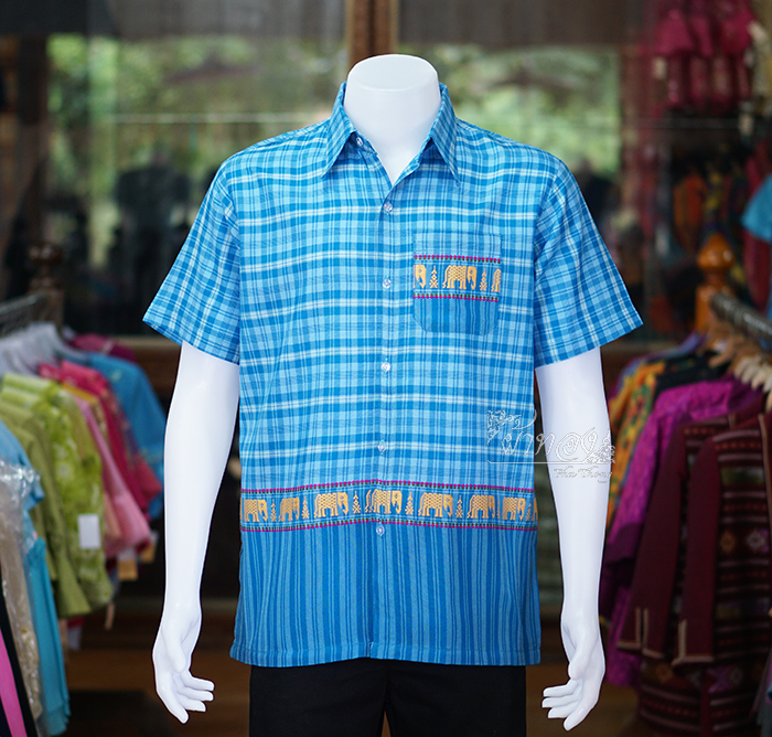 เสื้อเชิ้ตผ้าฝ้ายทอลายช้าง ไม่อัดผ้ากาว สีฟ้าเข้ม-ฟ้าอ่อน ไซส์ S