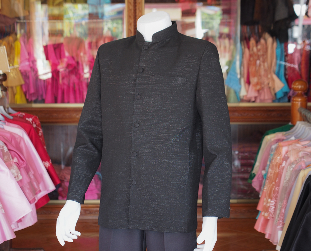 เสื้อผ้าฝ้ายแพรเงิน คอพระราชทานแขนยาว สีดำ ไซส์ 4XL