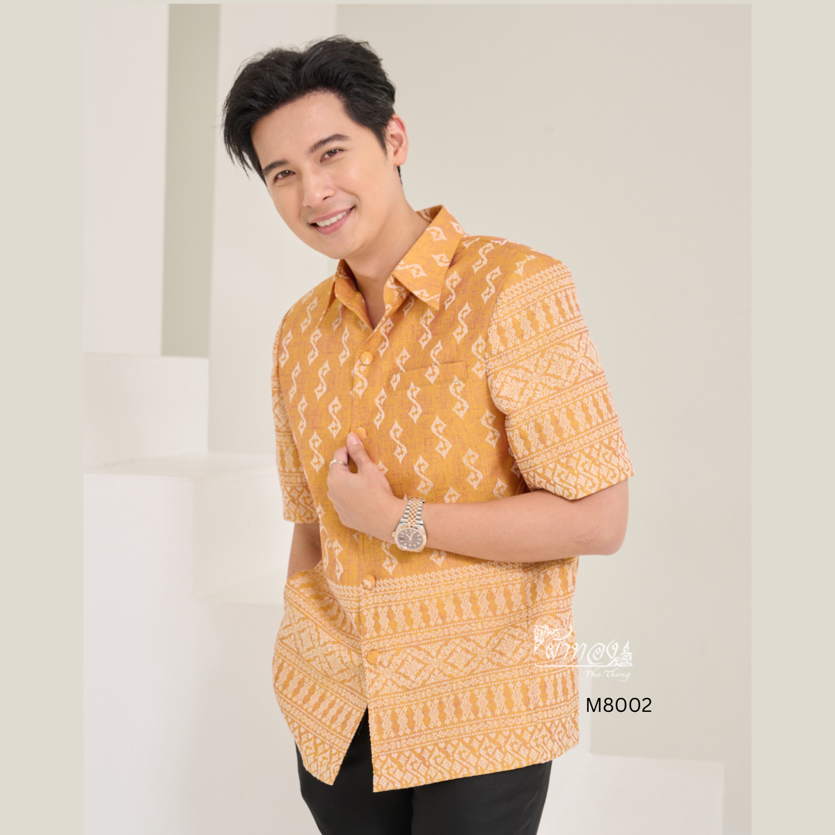 เสื้อผ้าฝ้ายลายขอ สีทอง ไซส์ M