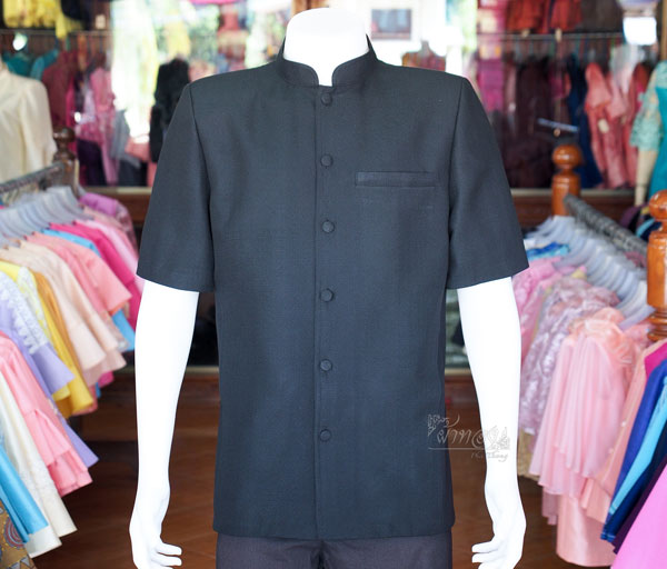 เสื้อผ้าฝ้ายทอลายลูกแก้วคอพระราชทาน สีดำ ไซส์ XS