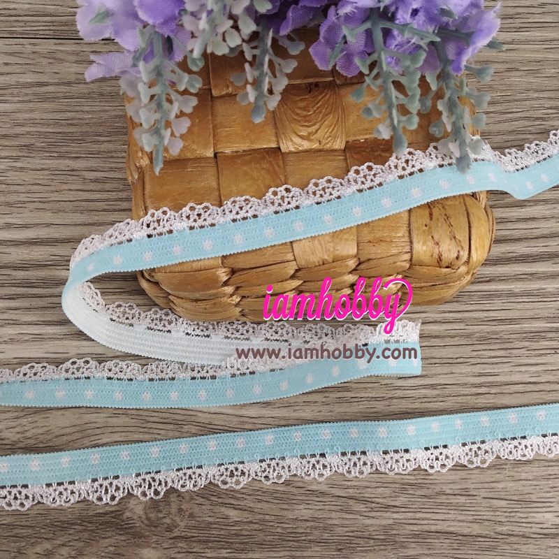 ริบบิ้นผ้ายืดลายจุดริมลูกไม้สีขาว ขนาด 1.4 cm. (1 หลา) เลือกสี