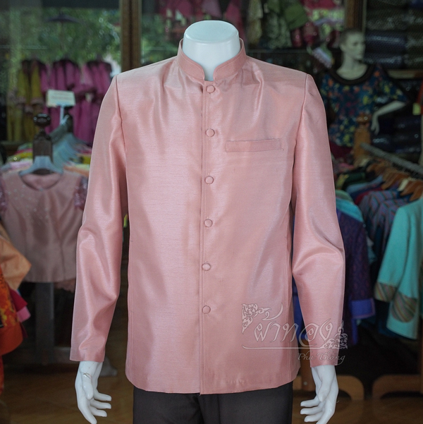 เสื้อผ้าไหมแพรทองคอพระราชทานแขนยาว สีกะปิ ไซส์ 2XL