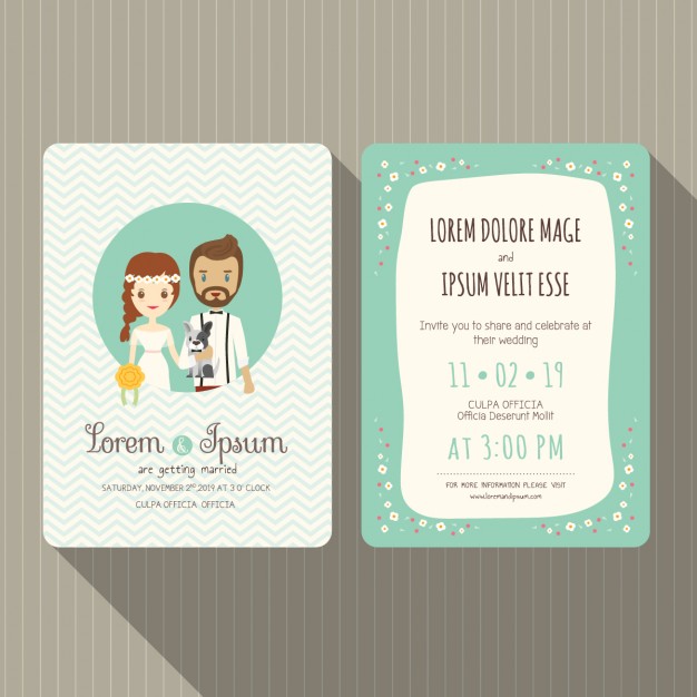 การ์ดแต่งงาน Wedding card สไตล์การออกแบบดีไซน์ใช้โทนสีฟ้าอ่อนๆและนำรูปการ์ตูนบ่าวสาวมากตกแต่งเพิ่มความน่ารักเก๋ไก๋แก่การ์ดแต่งงาน การ์ดงานแต่ง ไว้สำหรับ เรียนเชิญแขกผู้มีเกียรติเข้ามาร่วมงานแต่งงาน // ตัวอย่างดีไซน์ การ์ดแต่งงาน การ์ดเชิญ การ์ดสวยๆ