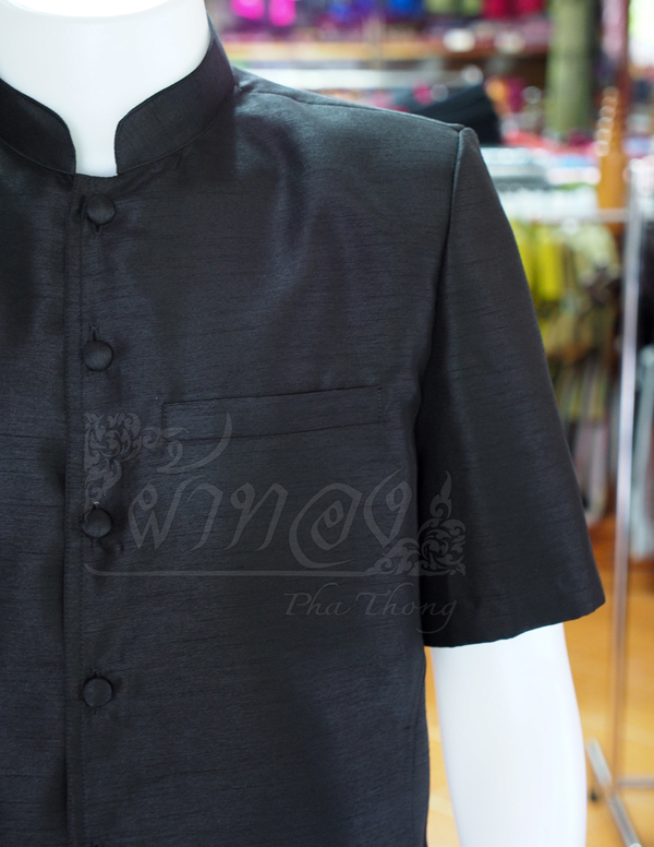 เสื้อผ้าไหมแพรทองคอพระราชทานแขนสั้น สีดำ ไซส์ L