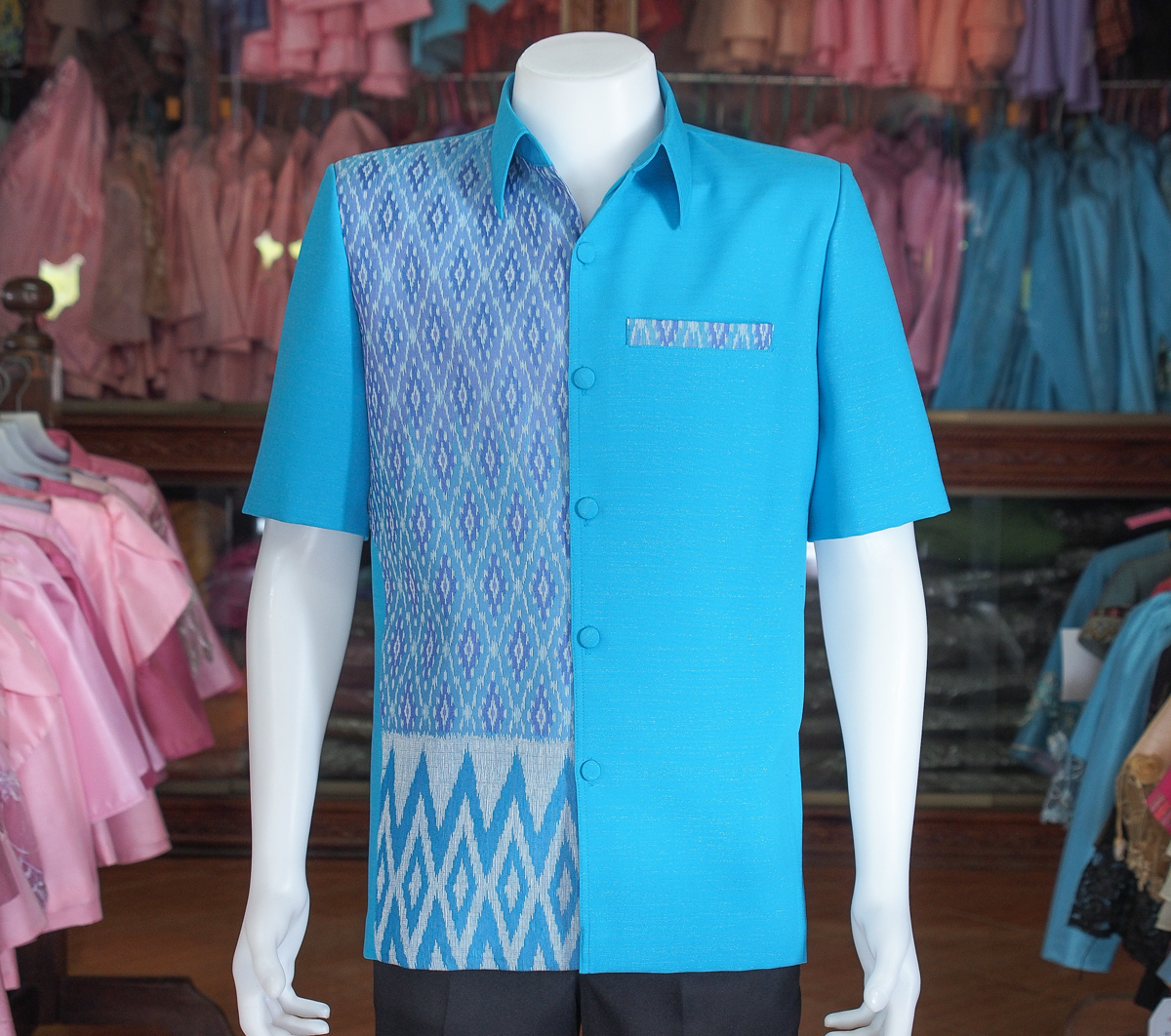 เสื้อผ้าฝ้ายแต่งลายไทย สีฟ้า ไซส์ 2XL