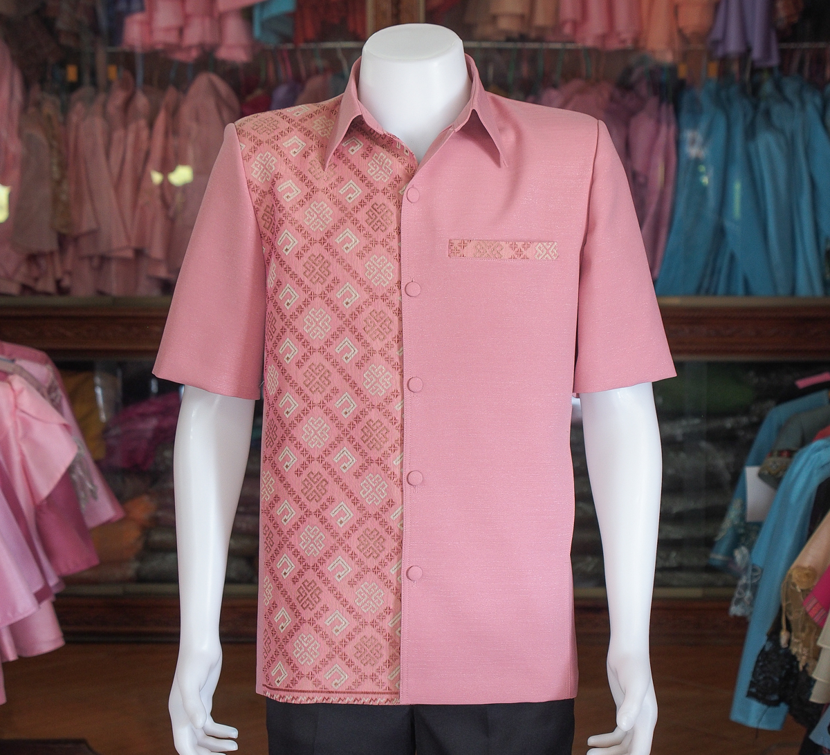 เสื้อผ้าฝ้ายแต่งลายไทย สีชมพูกะปิ ไซส์ 4XL