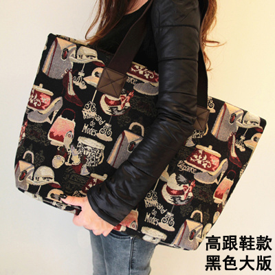 กระเป๋า แฟชั่น ผ้า burlap bag canvas shoulder bag สะพายไหล่ ลาย Black high heels