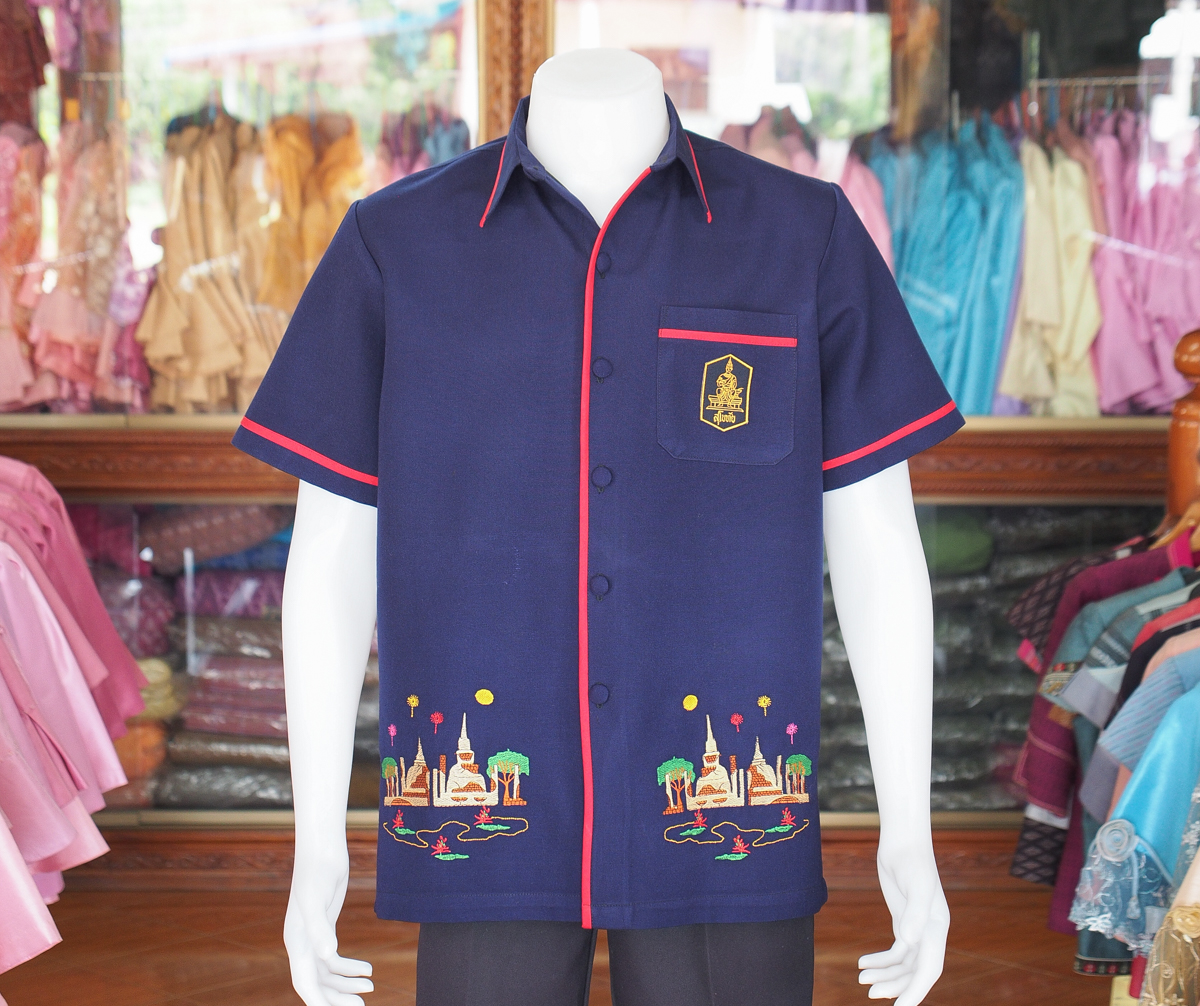 เสื้อผ้าฝ้ายสุโขทัย ปักลาย สีกรมท่า ไซส์ 3XL