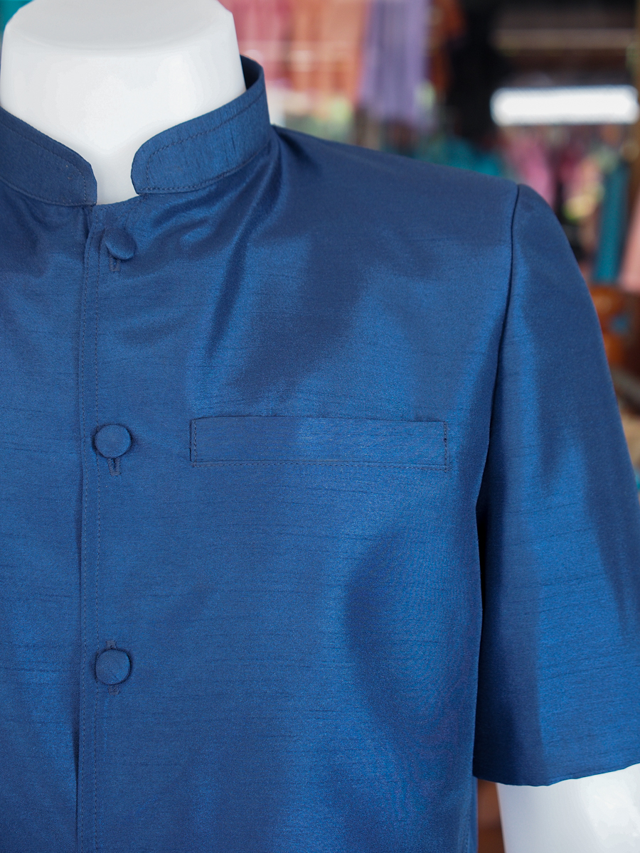 เสื้อผ้าไหมแพรทอง คอพระราชทาน สีกรมท่า ไซส์ L