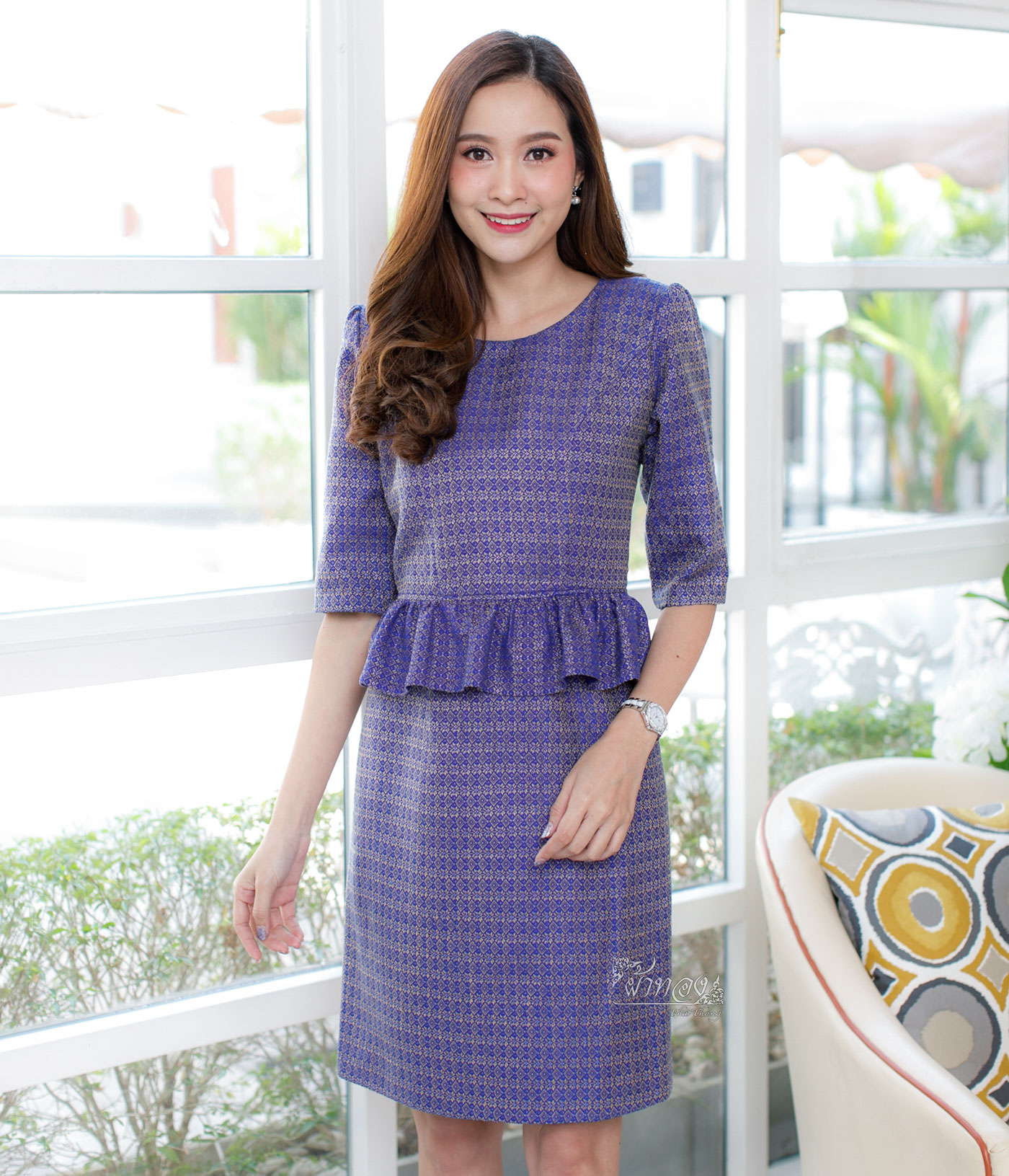 เดรสผ้าทอลายพิกุล ระบายเอวแขนสามส่วน สีน้ำเงิน ไซส์ S