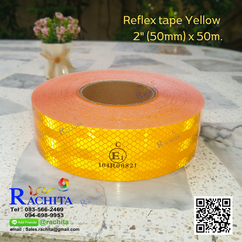 High Reflective tape 2" (50mm.) x 50m. 104R Yellow Color สีเหลือง เทปสะท้อนแสงติดรถ คุณภาพดี