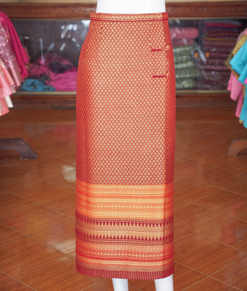 ผ้าถุงป้าย ผ้าทอลายพิกุล สีส้มอิฐ เอว 30 นิ้ว