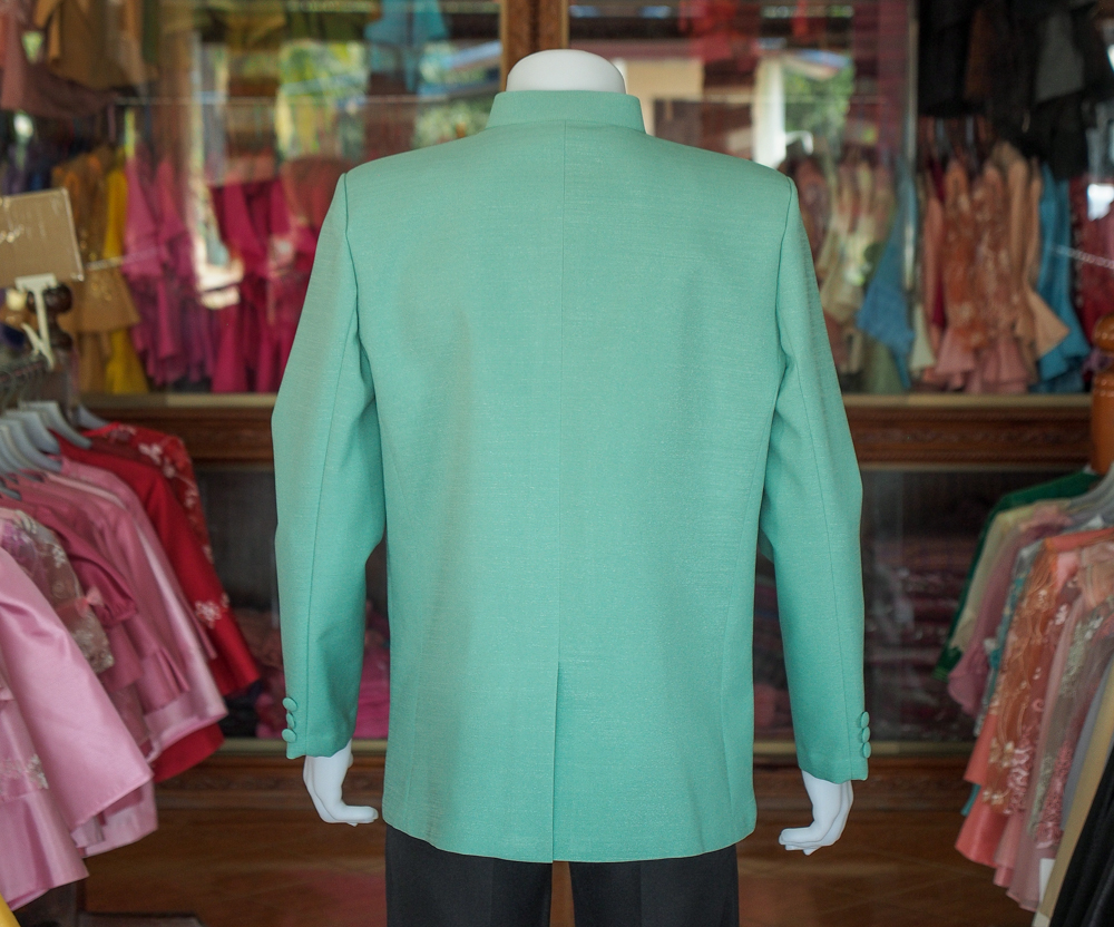 เสื้อผ้าฝ้ายแพรเงิน คอพระราชทานแขนยาว สีเขียว ไซส์ 4XL