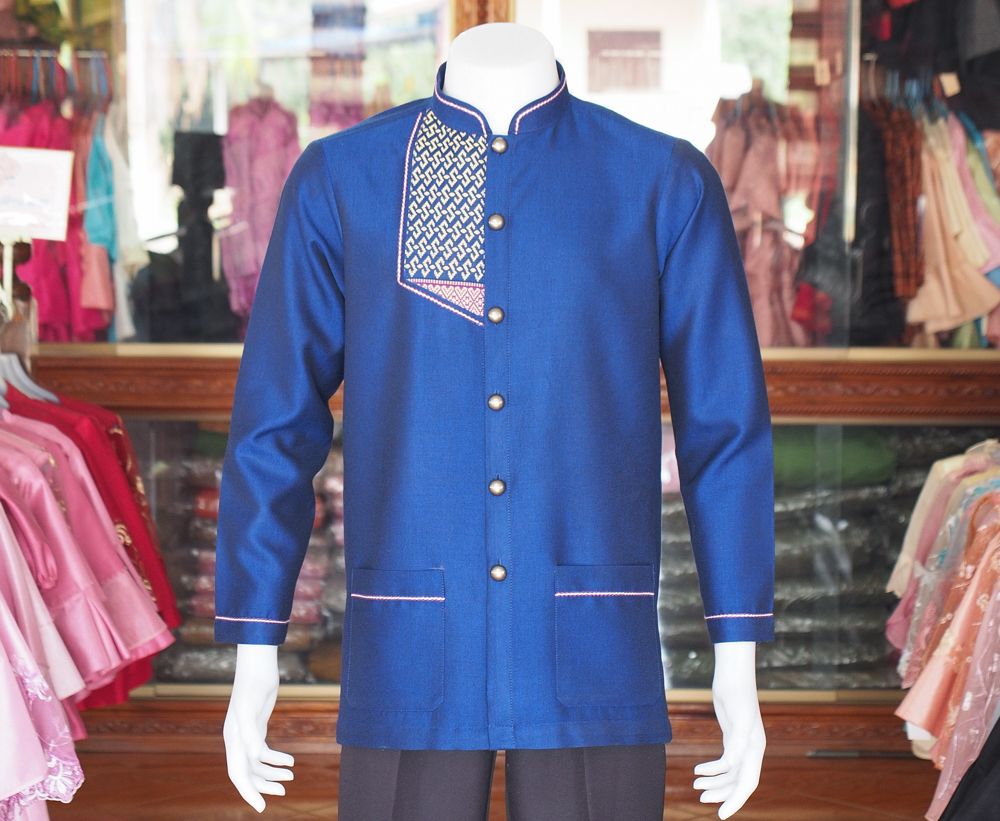 เสื้อผ้าฝ้ายสุโขทัยแต่งจกคอพระราชทานแขนยาว สีน้ำเงิน ไซส์ 2XL