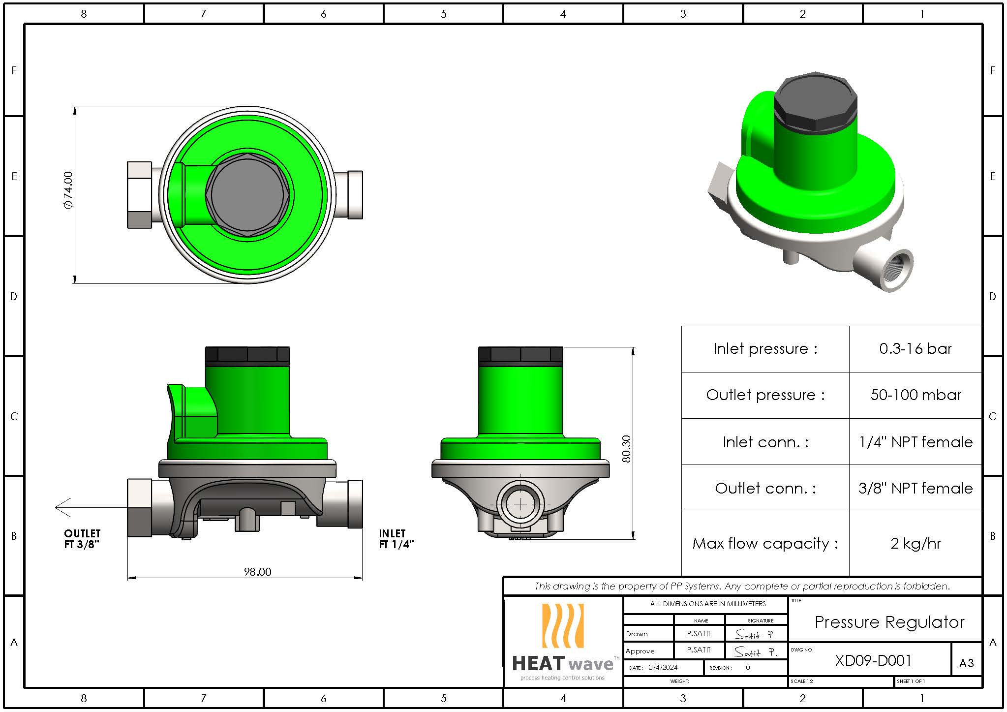 Low Pressure Regulator for LPG, Output 50-100mbar, Size 1/4" x 3/8" NPT