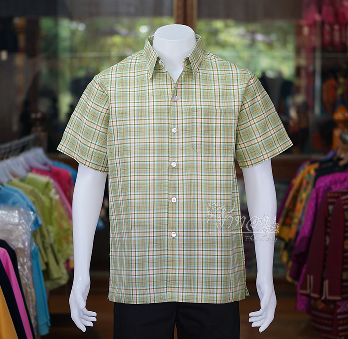 เสื้อเชิ้ตผ้าทอลายสก็อต ไม่อัดผ้ากาว สีเขียวอ่อน ไซส์ 2XL