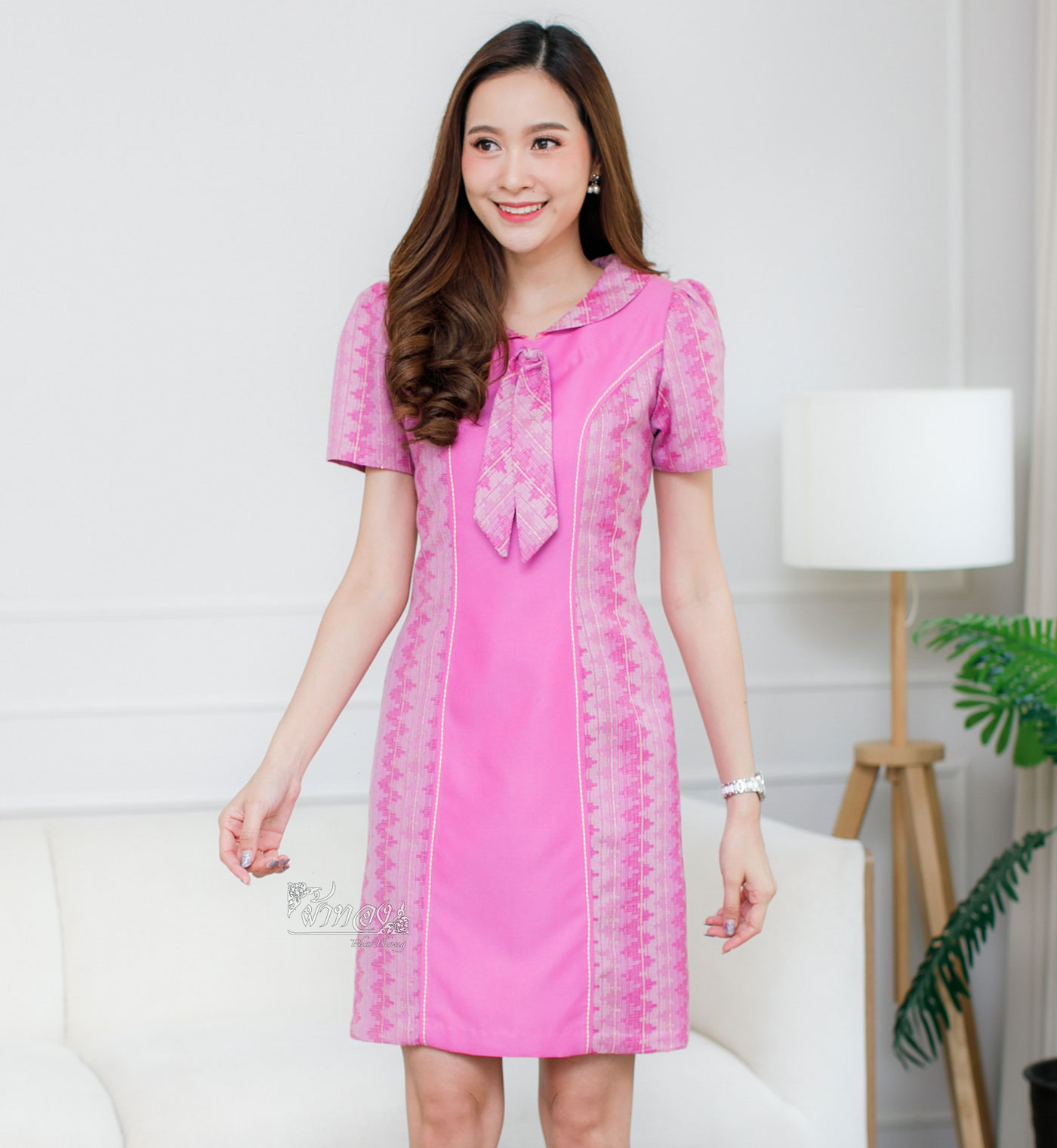 เดรสผ้าฝ้ายแต่งผ้าทอลายมัดหมี่สุโขทัย สีกลีบบัว ไซส์ 2XL