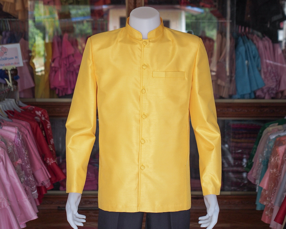 เสื้อผ้าไหมแพรทองคอพระราชทานแขนยาว สีเหลือง ไซส์ M