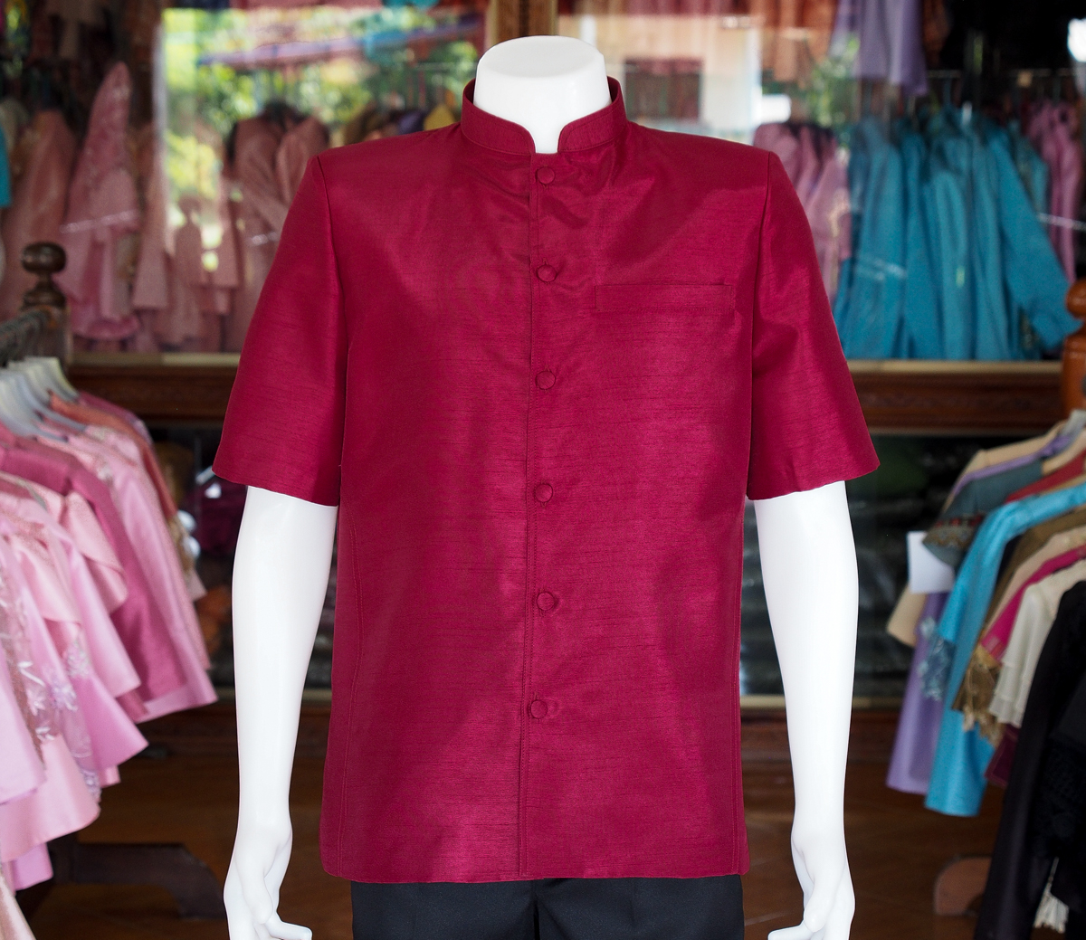เสื้อผ้าไหมแพรทอง คอพระราชทาน สีแดงเลือดหมู ไซส์ XL