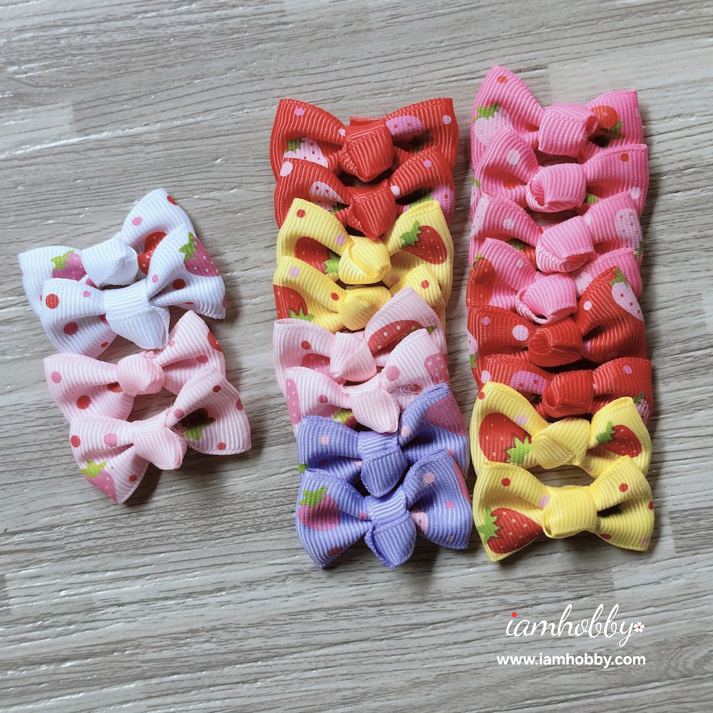 โบว์ผ้าลายสตอเบอรี่ คละสี (แพ็คละ 10 คู่) เลือกset
