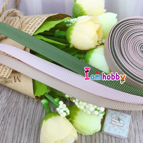 ริบบิ้นผ้า 6 มิล สีเขียว กะปิอ่อน น้ำตาล ( 6 หลา : สีละ 2 หลา)